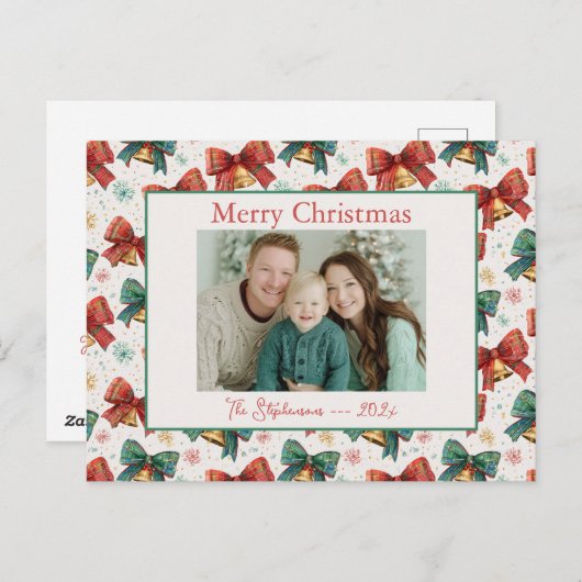 Kariert Bows Bells Foto Weihnachts Postkarte (Vorne/Hinten)