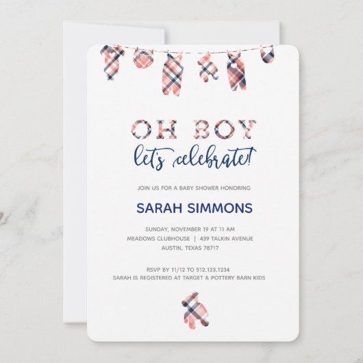 Kariert Boy Clothesline Kinderdusche Einladung (Vorderseite)