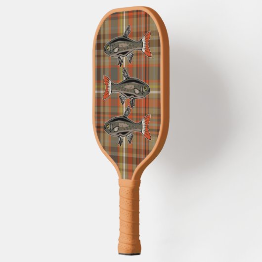 Kariert braun, orange, graue Farbtöne, gelbe Forel Pickleball Schläger (Links)