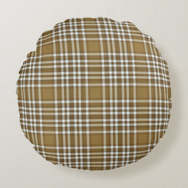 Kariert Brown Modern Round Throw Kissen (Vorderseite)