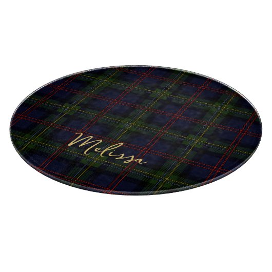 Kariert Clan Malcolm Green Lila Script Tartan Schneidebrett (Ecke)