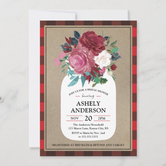 Kariert Country Mason Jar Bridal Dusche Einladung (Vorderseite)