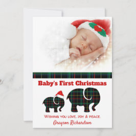 Kariert Elephants Baby's First Christmas Foto Feiertagskarte