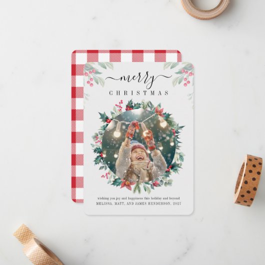 Kariert frohe Weihnachten Foto Mistletoe Mitteilungskarte (Vorderseite/Rückseite Beispiel)