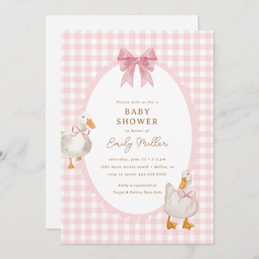 Kariert Gänsedusche Coquette Babydusche Einladung (Vorne/Hinten)