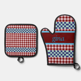 Kariert Gingham Personalisiert Ofenhandschuh & Topflappen-Set