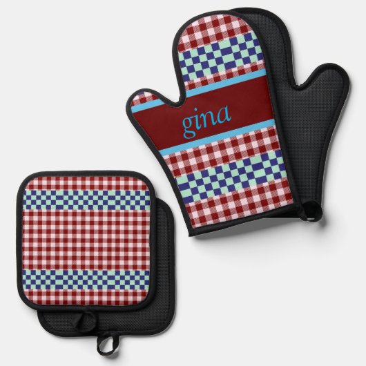 Kariert Gingham Personalisiert Ofenhandschuh & Topflappen-Set (Vorderseite/Rückseite)
