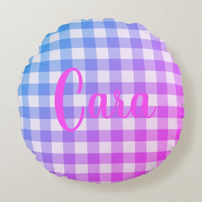 Kariert Gingham Pink Blue Modern Einfache Bezeichn Rundes Kissen (Vorderseite)