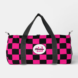 Kariert Hot pink Schwarzes geometrisches Retro-Mon Duffle Bag