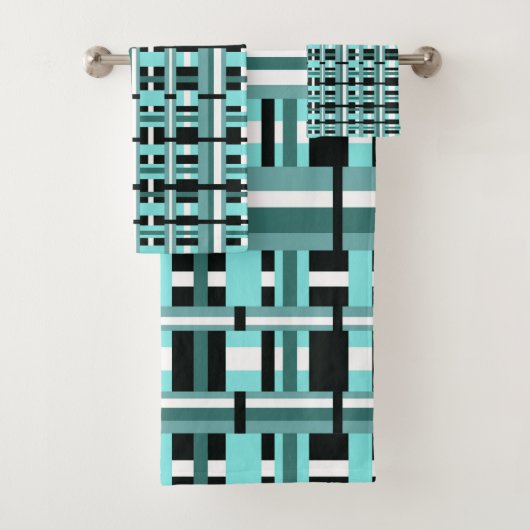 Kariert in Aqua, Aquamarin, schwarz und weiß Badhandtuch Set (Insitu)