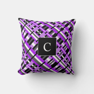 Kariert in Lila, schwarz-grauer Diagonalmonogramm Kissen