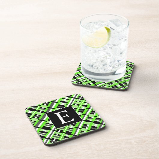 Kariert in Lime Green, Black & Grey Monogram Getränkeuntersetzer (Rechte Seite)