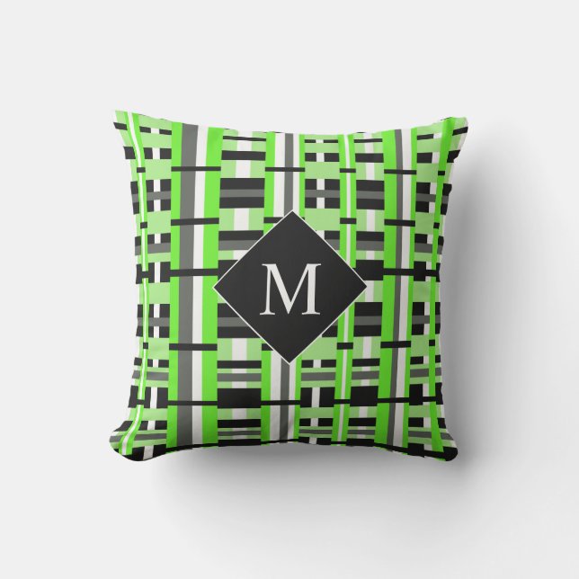 Kariert in Lime Green, Black & Grey Monogram Kissen (Vorderseite)
