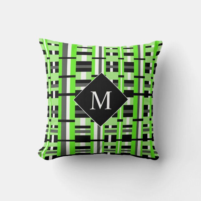 Kariert in Lime Green, Black & Grey Monogram Kissen (Vorderseite)