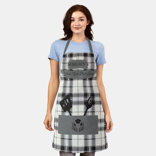 Kariert in Schwarz und Weiß mit Kochutensilien Schürze (Getragen)