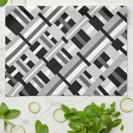 Kariert in Schwarz, Weiß und Grau Geschirrtuch (Gefaltet)