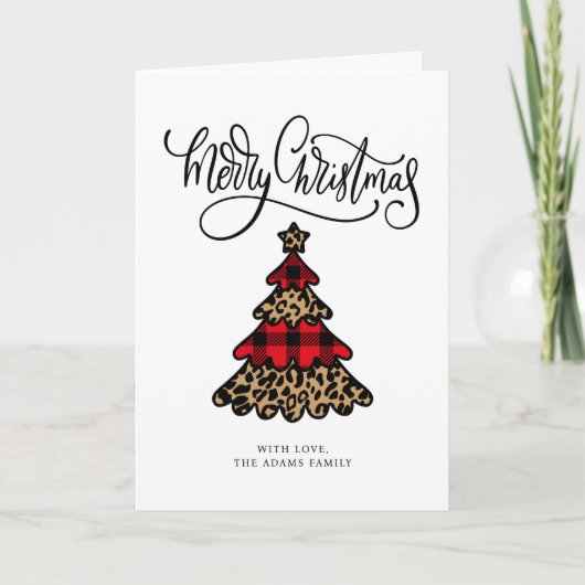Kariert & Leopard drucken Weihnachtsbaum Karte (Vorderseite)