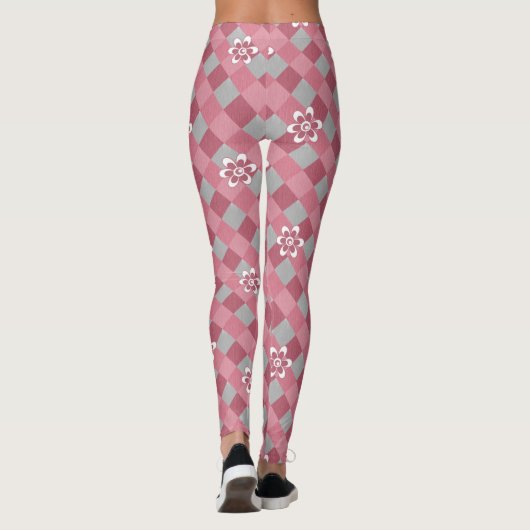 Kariert mit Kamille Blume in Grau und Rosa Leggings (Rückseite)