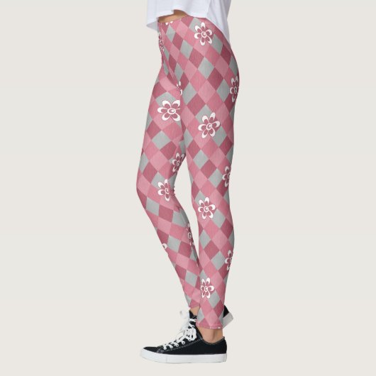 Kariert mit Kamille Blume in Grau und Rosa Leggings (Links)