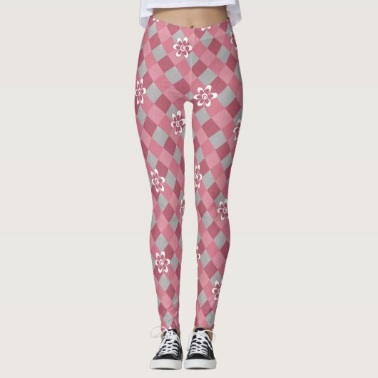 Kariert mit Kamille Blume in Grau und Rosa Leggings (Vorderseite)
