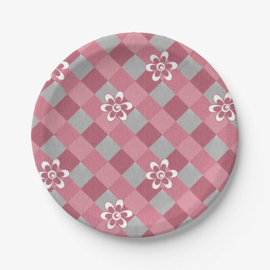 Kariert mit Kamille Blume in Grau und Rosa Pappteller (Vorderseite)