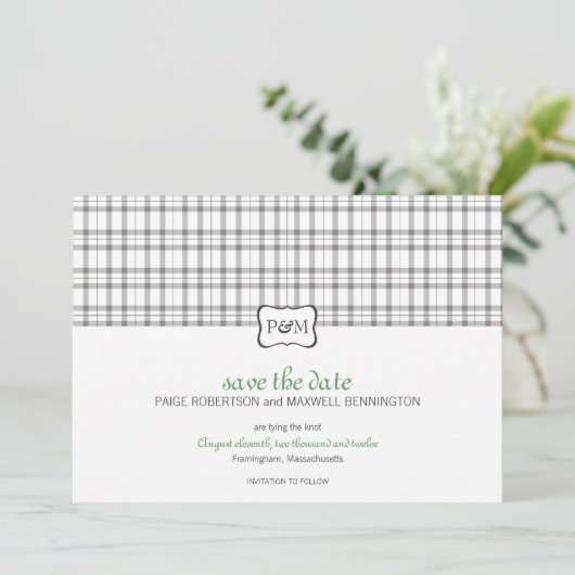 Kariert Monogramm Save the Date (Stehend Vorderseite)