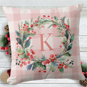Kariert Pink Monogram Greenerity Weihnachtskranz Kissen