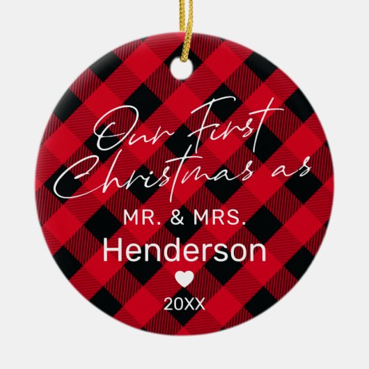 Kariert Red Mr. & Mrs. Keramik Ornament (Vorne)