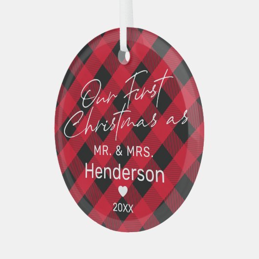 Kariert Red Mr. & Mrs. Ornament Aus Glas (Vorderseite links)