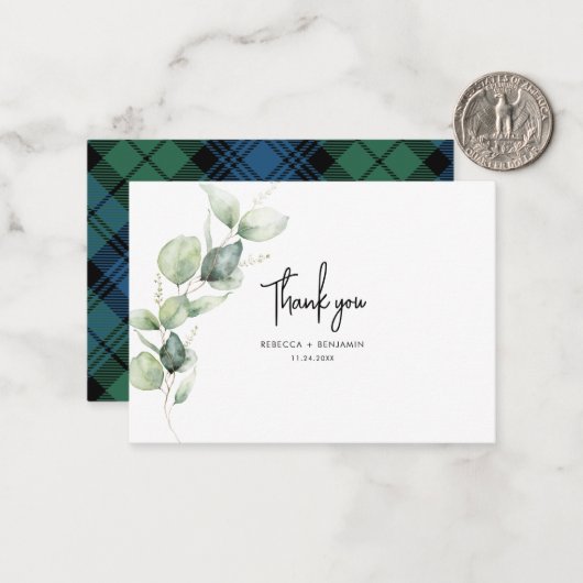 Kariert Rustic Wedding Tartan Eucalyptus Vielen Da Mitteilungskarte (Vorderseite/Rückseite Beispiel)