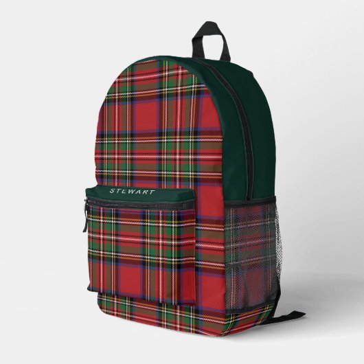 Kariert Rustikales Rot und Grüner Stewart Tartan Bedruckter Rucksack (Rückseitige Ecke Rechts)