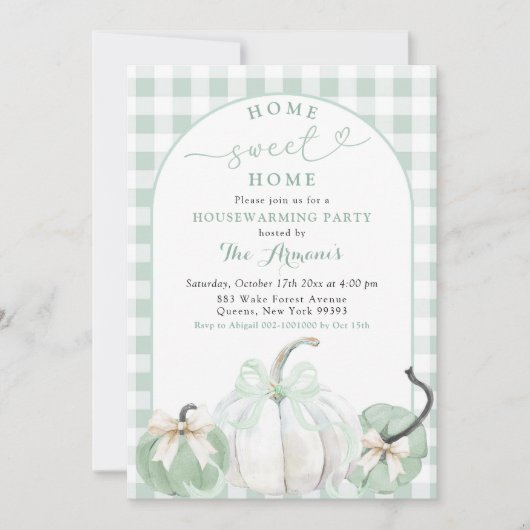 Kariert Sage Green Preppy Pumpkin Housewarming Par Einladung (Vorderseite)