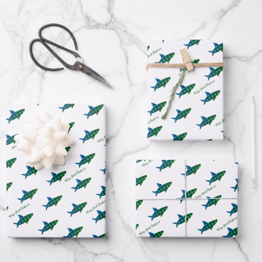 Kariert Shark Blue Green Weihnachten Geschenkpapier Set (Vorderseite)