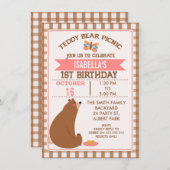 Kariert Teddy Bear Picnic Einladung zum 1. Geburts (Vorne/Hinten)