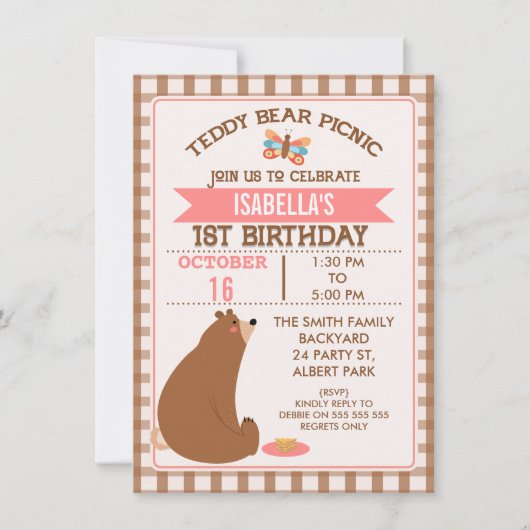 Kariert Teddy Bear Picnic Einladung zum 1. Geburts (Vorderseite)