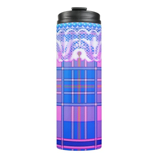 Kariert und Spitze lila und rosa niedlich gürtelig Thermosbecher (Vorderseite)