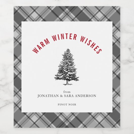 Kariert Warme Wünsche Spruce Tree Weihnachten Weinetikett (Einzelnes Label)