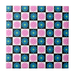 Karierte abstrakte rosa und blaue Blume Fliese