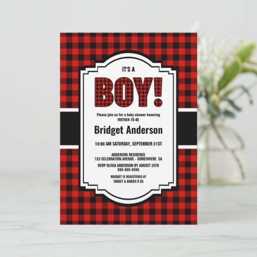Karierte Babydusche aus Rot und Schwarz Buffalo Einladung (Stehend Vorderseite)