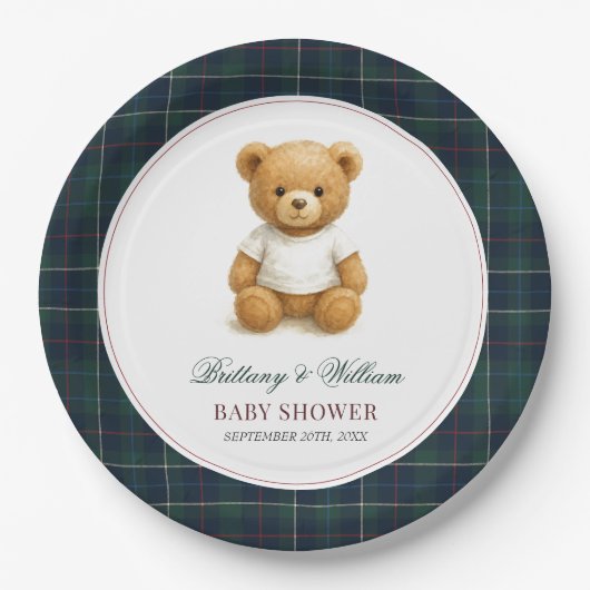 Karierte Babydusche für Frühbeere Pappteller (Vorderseite)