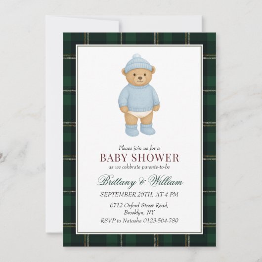 Karierte Babydusche für Preppy Bear Designer Einladung (Vorderseite)