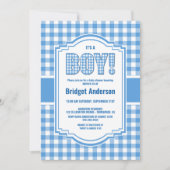 Karierte Babydusche mit blauem und weißem Buffalo Einladung (Vorderseite)