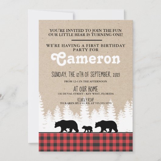 Karierte Bären 1. Geburtstag Party Einladung (Vorderseite)