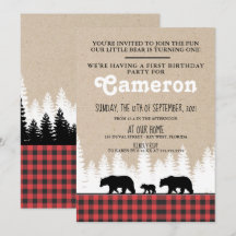 Karierte Bären 1. Geburtstag Party Einladung