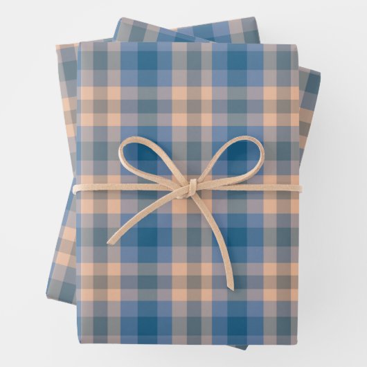 Karierte Beige Blau Grau und Pfirsichfarben Geschenkpapier Set (Beispiel)