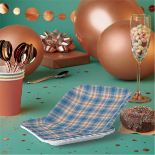 Karierte Beige Blau Grau und Pfirsichfarben Pappteller