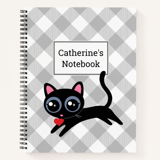 Karierte Black Kitty Cat in Gray Buffalo Notizblock (Vorderseite)