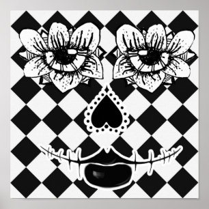 Karierte Blumenmaske Schwarz-Weißes Surreal Ar Poster