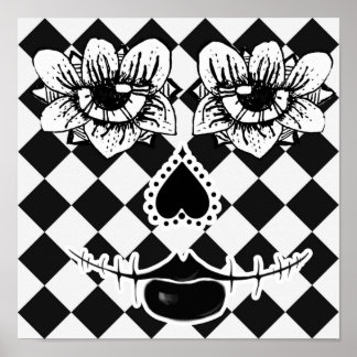 Karierte Blumenmaske | Schwarz-Weißes Surreal Ar Poster