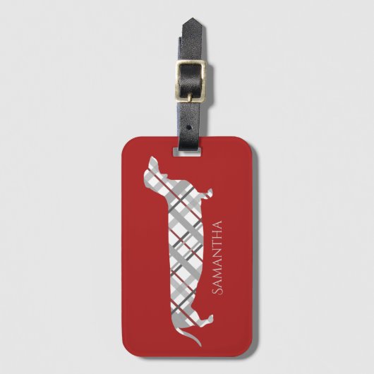 Karierte Dackel auf Rot Gepäckanhänger (Vorderseite Vertikal)